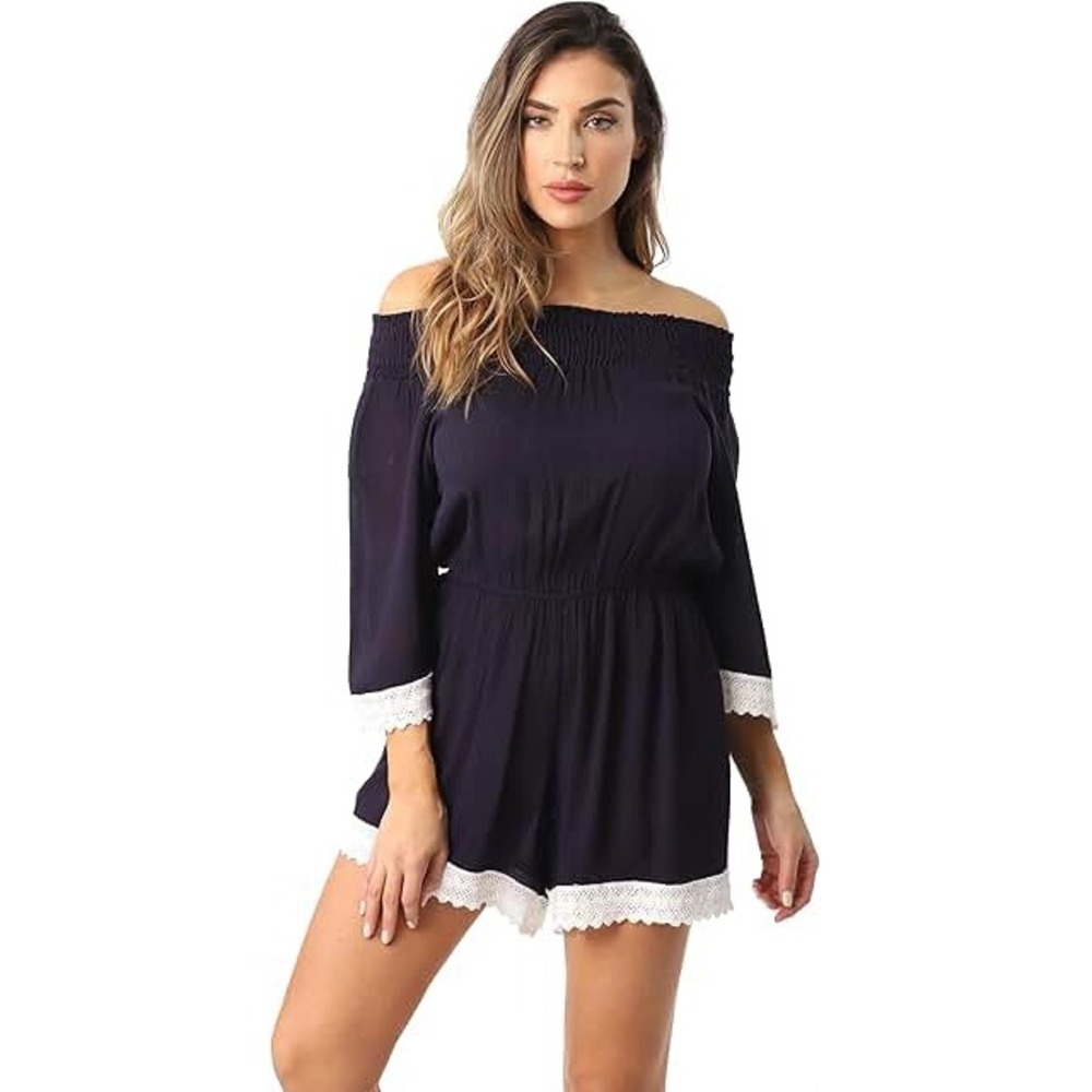 Riviera Sun Navy Blue Off Shoulder Gauze Romper Crochet Lace Trim Boho Medium